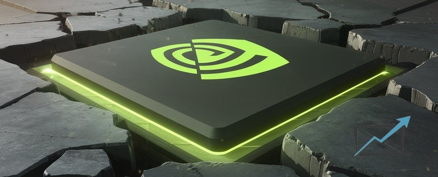 Das Bild zeigt einen massiven Nvidia-KI-Chip, der in einer sich auflösenden Betonstruktur eingebettet ist. Risse durchziehen die Umgebung, während das leuchtend grüne Nvidia-Logo stabil bleibt und Kraft ausstrahlt. Diese Darstellung symbolisiert die langfristige Stärke des Unternehmens, selbst inmitten geopolitischer Unsicherheiten und kurzfristiger Marktschwankungen.