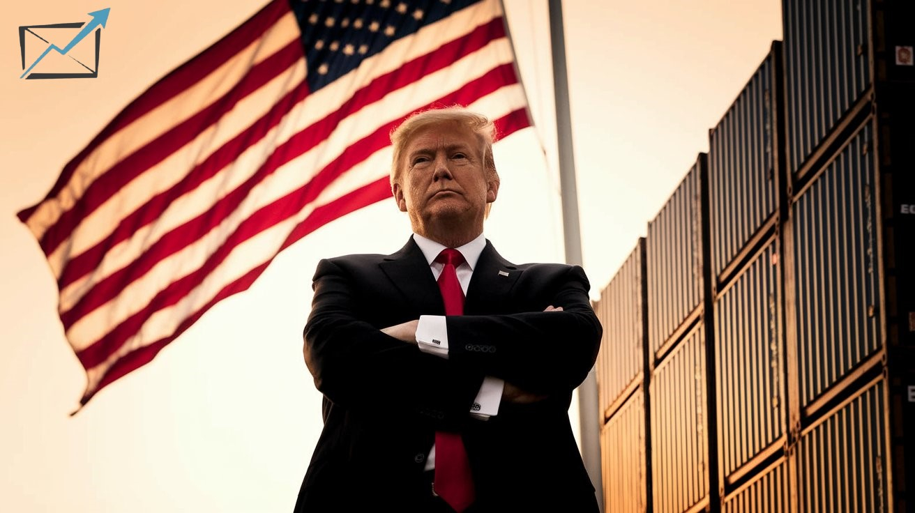 Das Bild zeigt Donald Trump mit entschlossener Haltung vor einer wehenden US-Flagge und gestapelten Containern. Es symbolisiert seine protektionistische Handelspolitik, die auf Zölle, Abschottung und die Stärkung der US-Wirtschaft setzt.