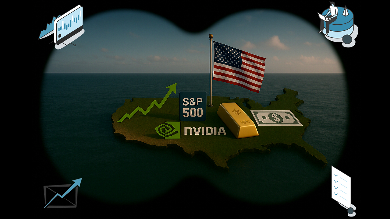 Durch das Fernglas in Richtung Amerika: US-Dollar-Stabilisierung könnte neue Chancen für Anleger eröffnen – mit Fokus auf S&P 500, Nvidia und Gold.