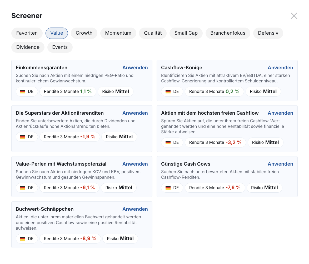 Vorkonfigurierte Einstellungen des Screeners