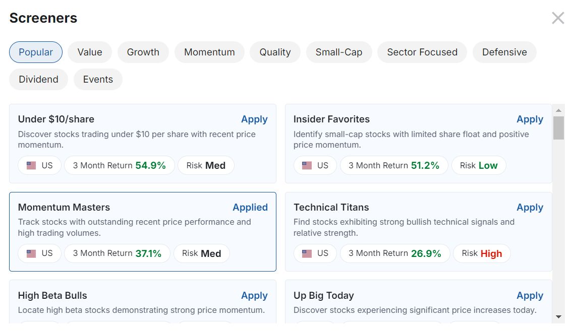 Investing.com - Voreingestellte Screener